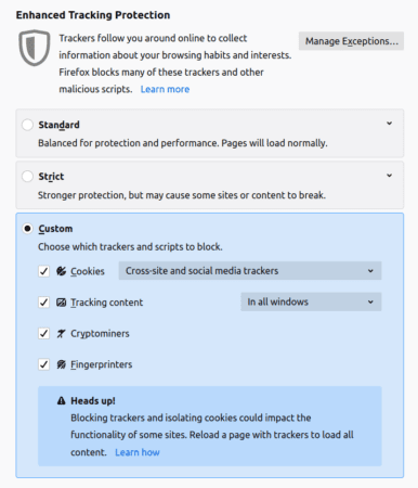 Screenshot of Enhanced Tracking Protection options in Firefox
