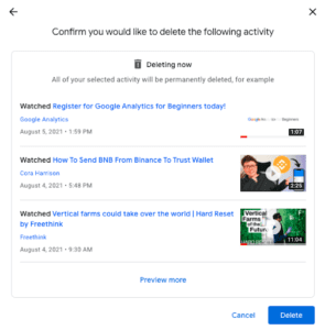 Écran de confirmation avant de supprimer toutes les activités des applis
