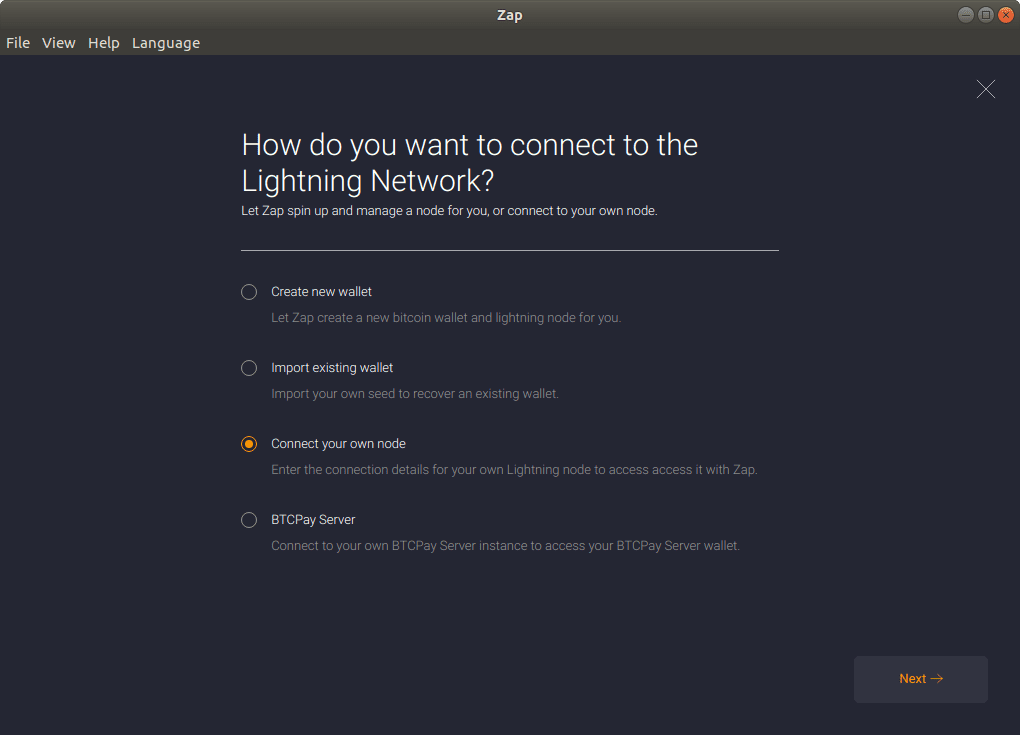 A screenshot of the Zap connection screen.