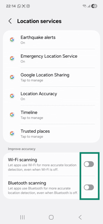 The "Location services" page on an Android phone. The on and off toggles for "Wi-Fi scanning" and "Bluetooth scanning" are highlighted.