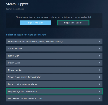 The "My Account" Steam support page. The "Help, I can't sign in" and "Help me sign in to my account" buttons are highlighted.