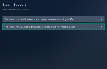 Steam support page for account recovery. The "I no longer have access to this phone number or did not receive a code" button is highlighted.