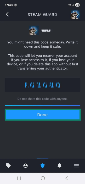 A Steam Guard recovery code window on the Steam Mobile Android app. The "Done" button is highlighted.
