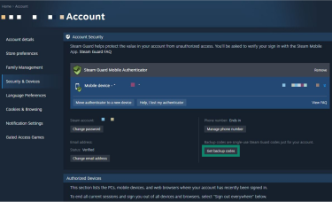 Access your account settings, select the Security & Devices tab, and click Get backup codes