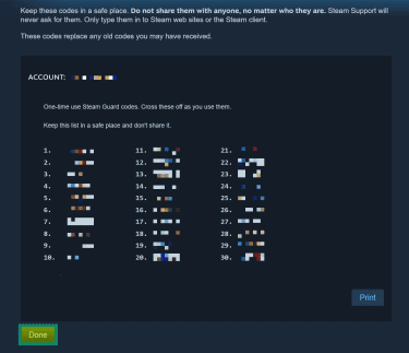 A list of Steam Guard backup codes. The "Done" button is highlighted.