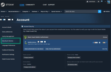 The account settings page on Steam's website. The "Security & Devices" tab is highlighted.
