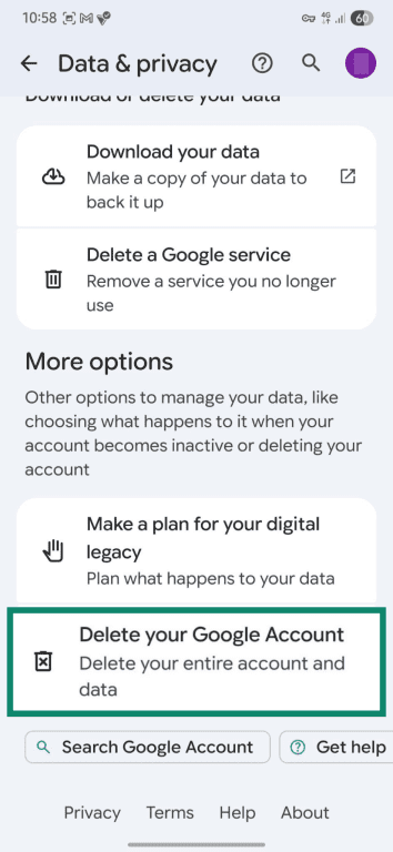 Find and select the "Delete your Google Account" option on Android.
