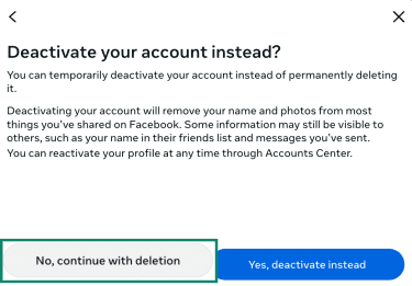 Confirmation prompt to delete a Facebook account.