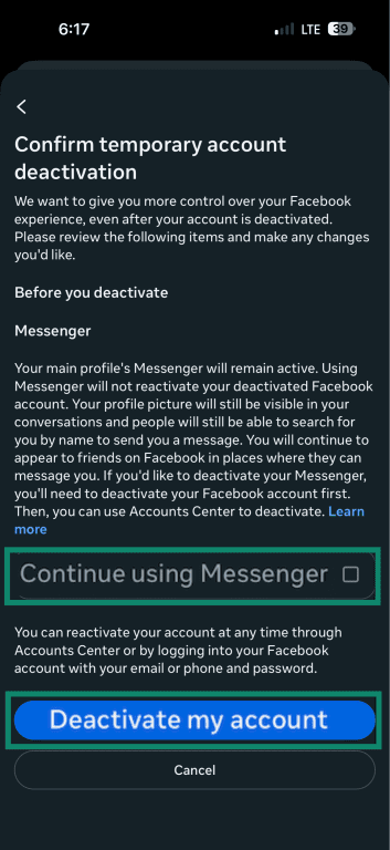 How to deactivate a Facebook account.