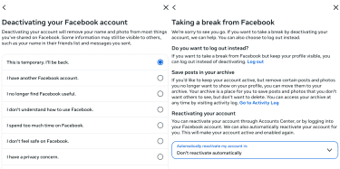 Facebook asking reason for account deactivation and providing the option for auto-reactivation.