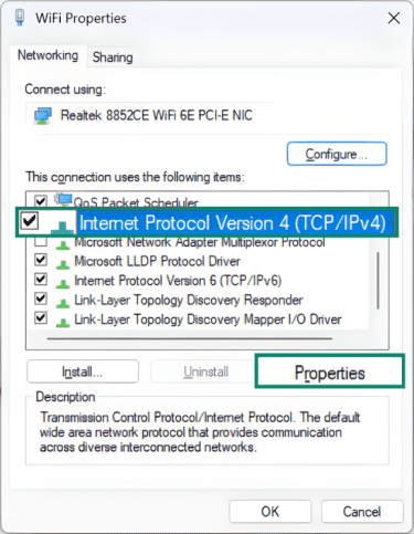 Accessing IP address properties on Windows 11.