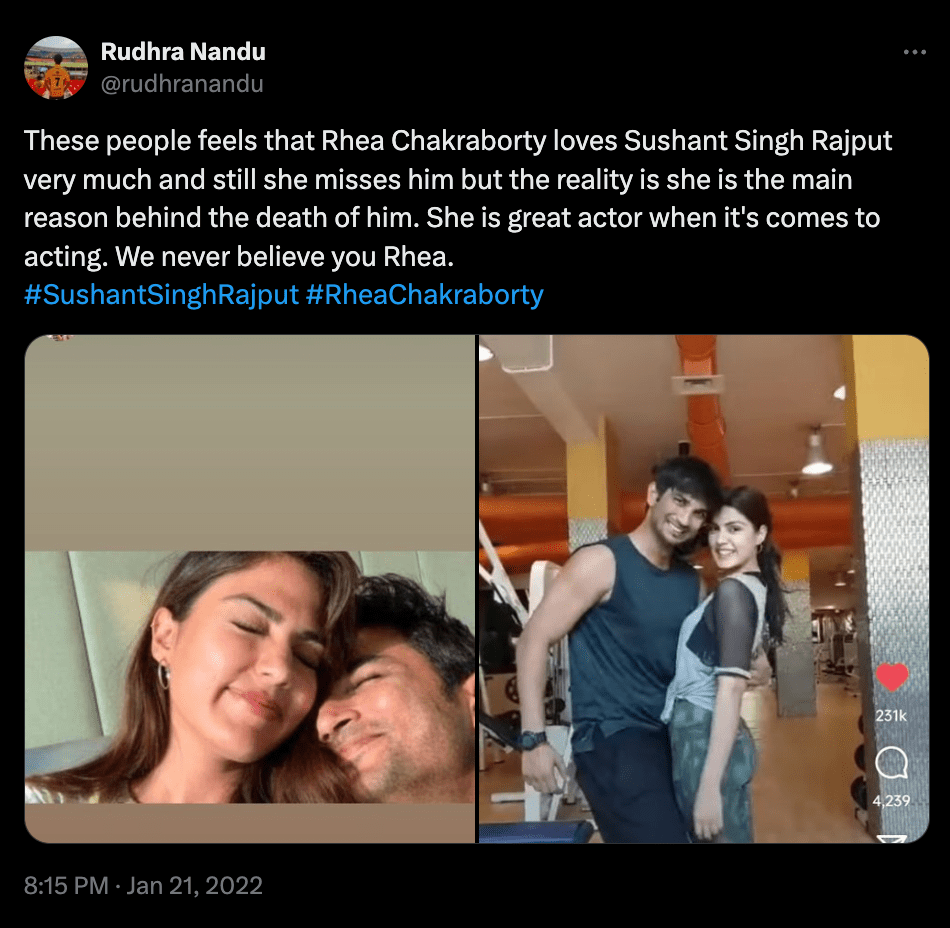 Een bericht op X van een fan die Rhea Chakraborty ervan beschuldigt betrokken te zijn bij de dood van haar vriend, Bollywood-acteur Sushant Singh Rajput. De zaak leidde tot media-razernij en wijdverbreide speculatie in India; X