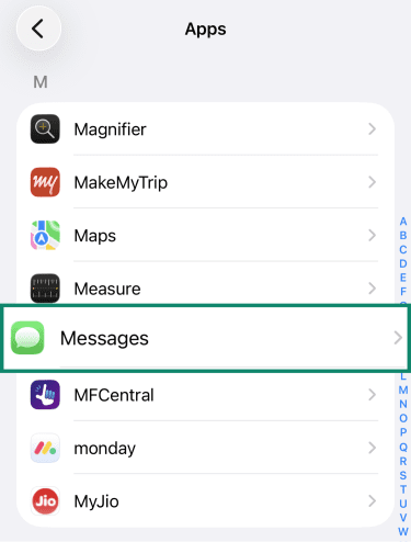 iPhone Apps list with Messages highlighted.
