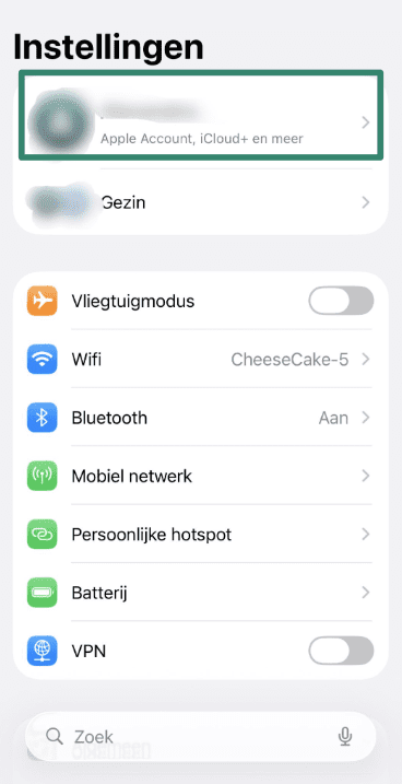 iPhone Settings screen with Apple ID option highlighted.