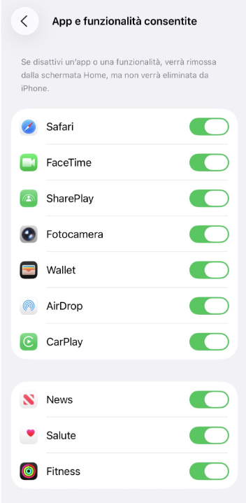 Toggle settings for allowed apps and features on iPhone.