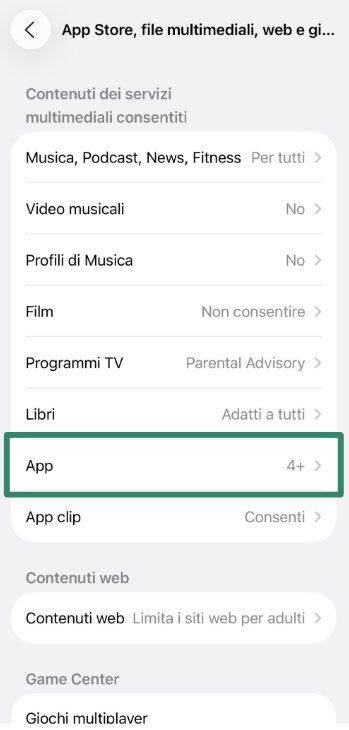 App age rating and content restrictions in iPhone parental controls.