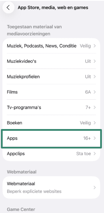 App age rating and content restrictions in iPhone parental controls.