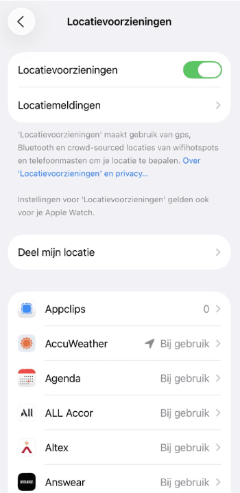 Location Services settings with app-level permissions on iPhone.