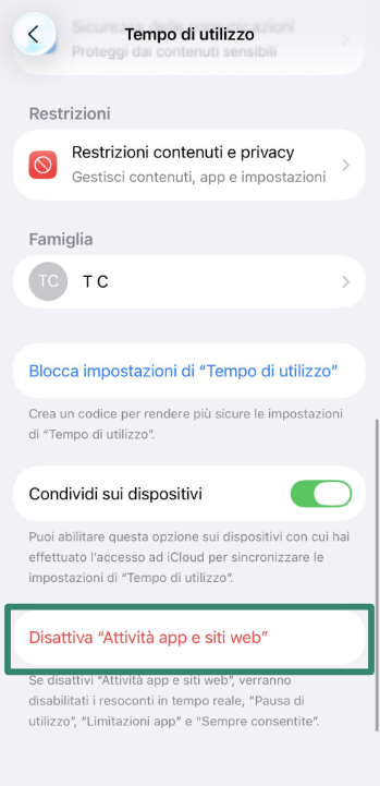 Option to turn off App & Website Activity in Screen Time settings.