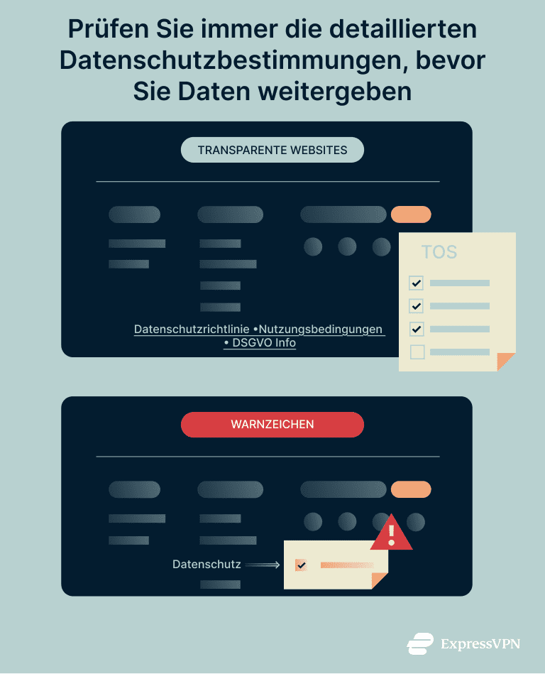 Illustration showing importance of checking for website privacy terms before sharing data.
