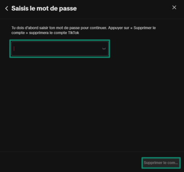 Screenshot of the TikTok app prompting the user to enter their password to confirm account deletion