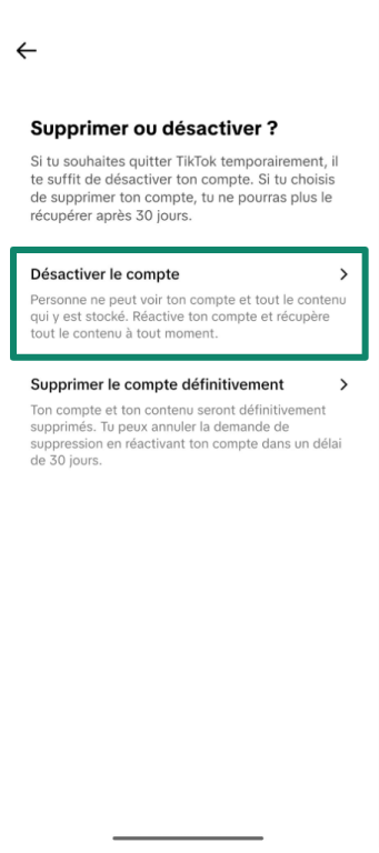 Screenshot showing how to deactivate a TikTok account instead of deleting it