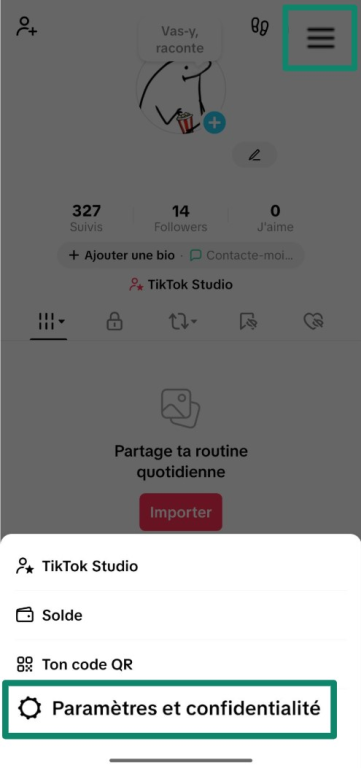 Screenshot showing how to access TikTok's Settings and privacy menu