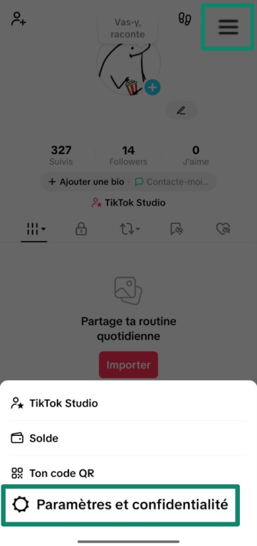 Screenshot showing how to access TikTok's Settings and privacy menu
