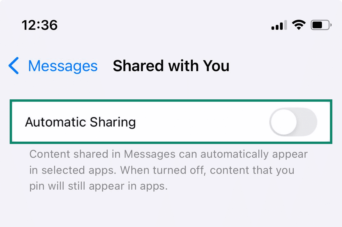 The Shared with You settings page, with the Automatic Sharing switch in the Off position.