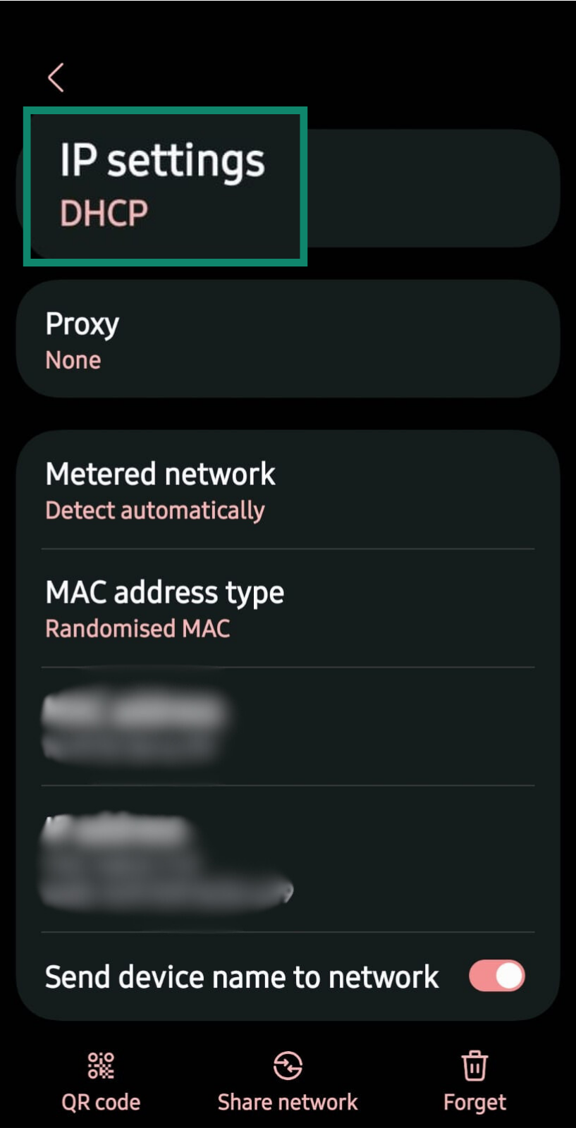 DHCP and Static IP Settings highlighted in connected Wi-Fi settings on Android.