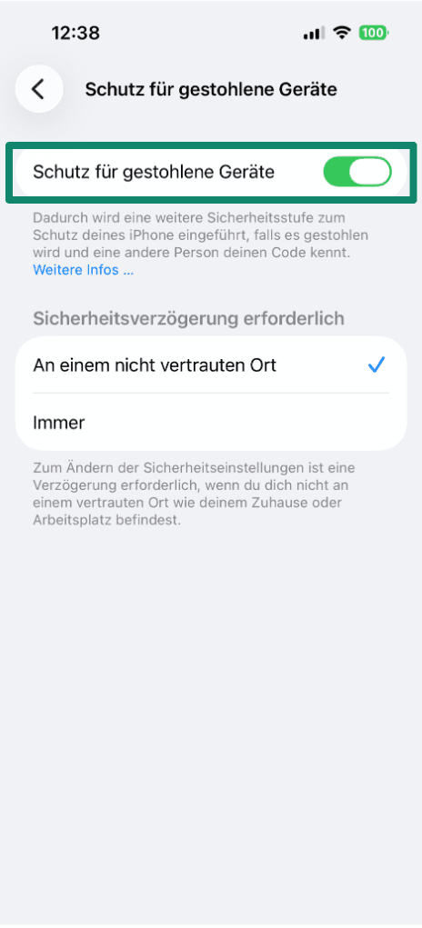 Screenshot of the iPhone Stolen Device Protection settings screen, with the “Stolen Device Protection” toggle highlighted in the on position.