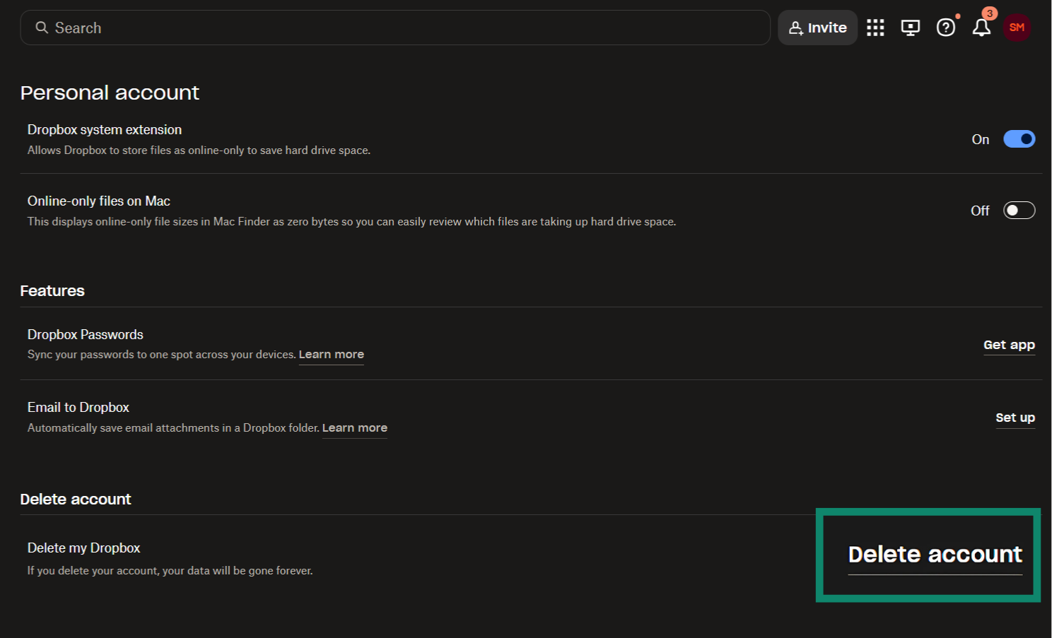 Dropbox General settings, scrolled down to the Delete account option.