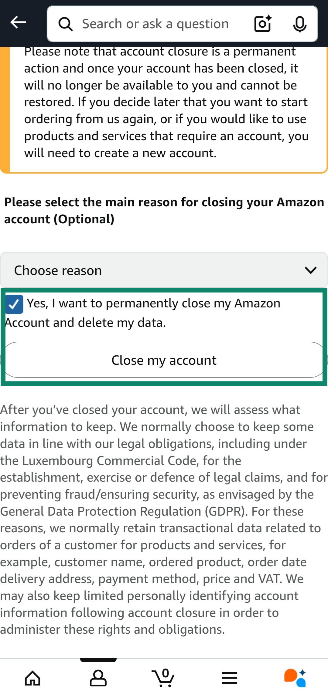 Confirming Amazon account deletion on the Amazon app.