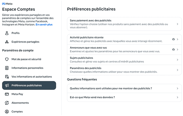 Facebook Ad preferences settings.