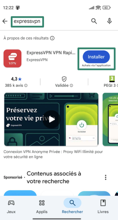 Installing ExpressVPN through the Google Play Store.