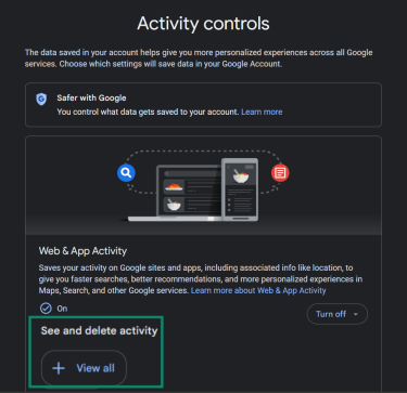 The See and delete activity tab opened on the Google Assistant.