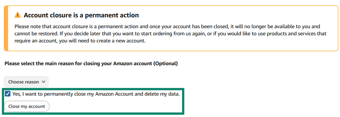Confirming Amazon account deletion on Amazon for desktop.