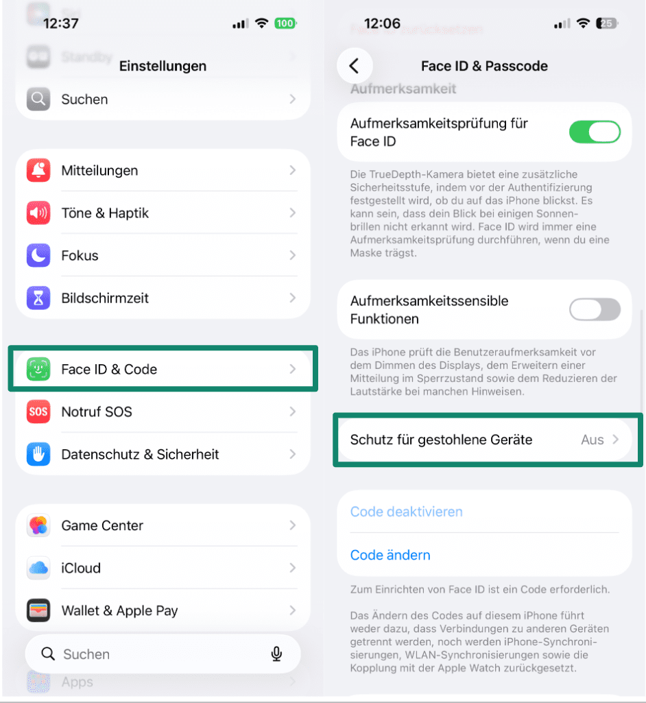 Two side-by-side screenshots of iPhone Settings. The left screenshot highlights 