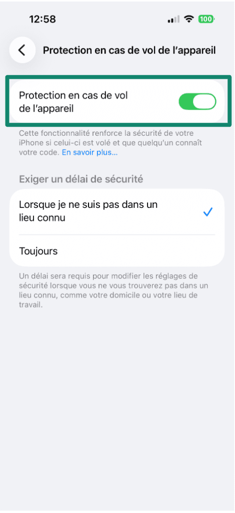 Screenshot of the iPhone Stolen Device Protection settings screen, with the 
