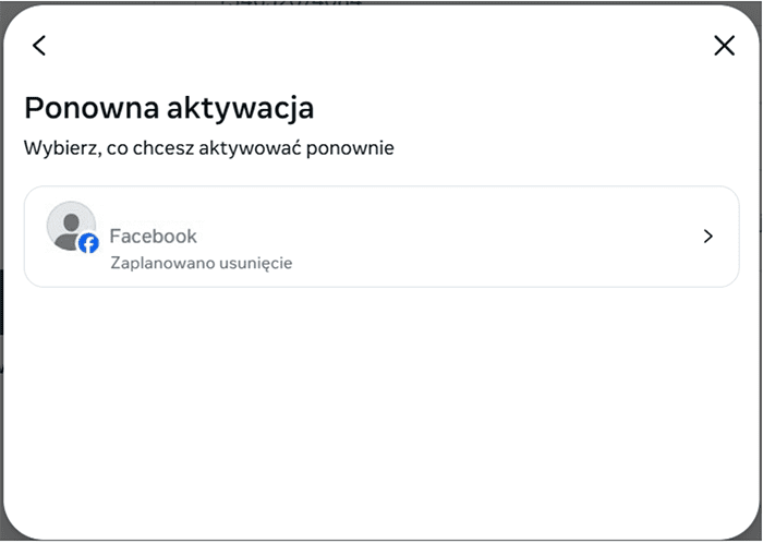 Facebook screen for selecting an additional profile to reactivate.