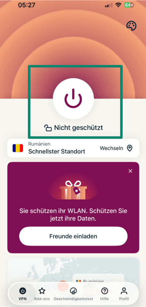 ExpressVPN app home screen, but disconnected.