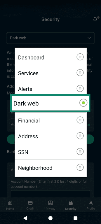 The Identity Defender Security tab dropdown menu, emphasizing the Dark web option.