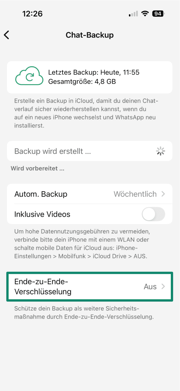 WhatsApp Chat backup screen indicating encrypted backups are disabled