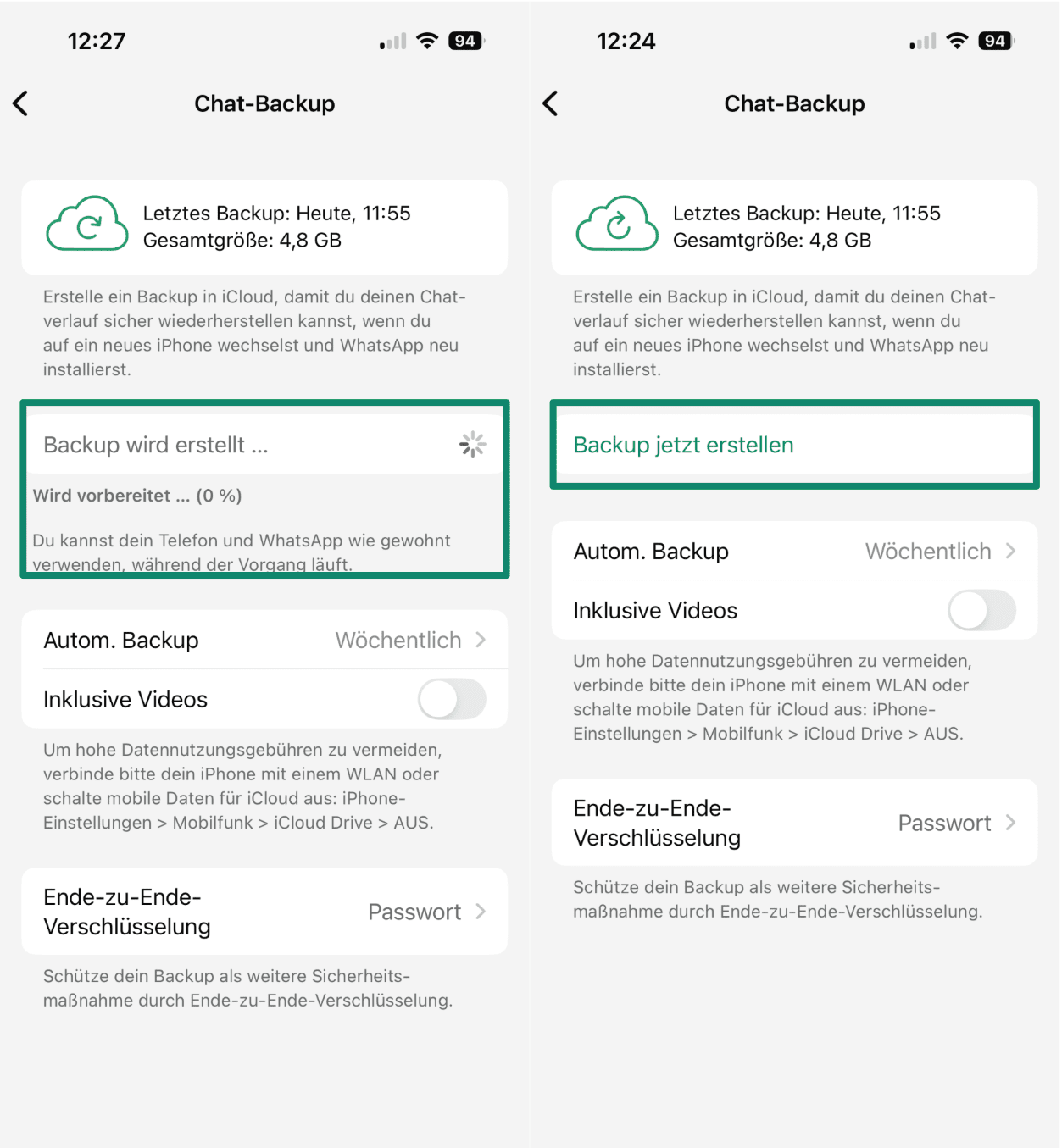 WhatsApp preparing the encrypted chat backup and the "Back up now" option highlighted.