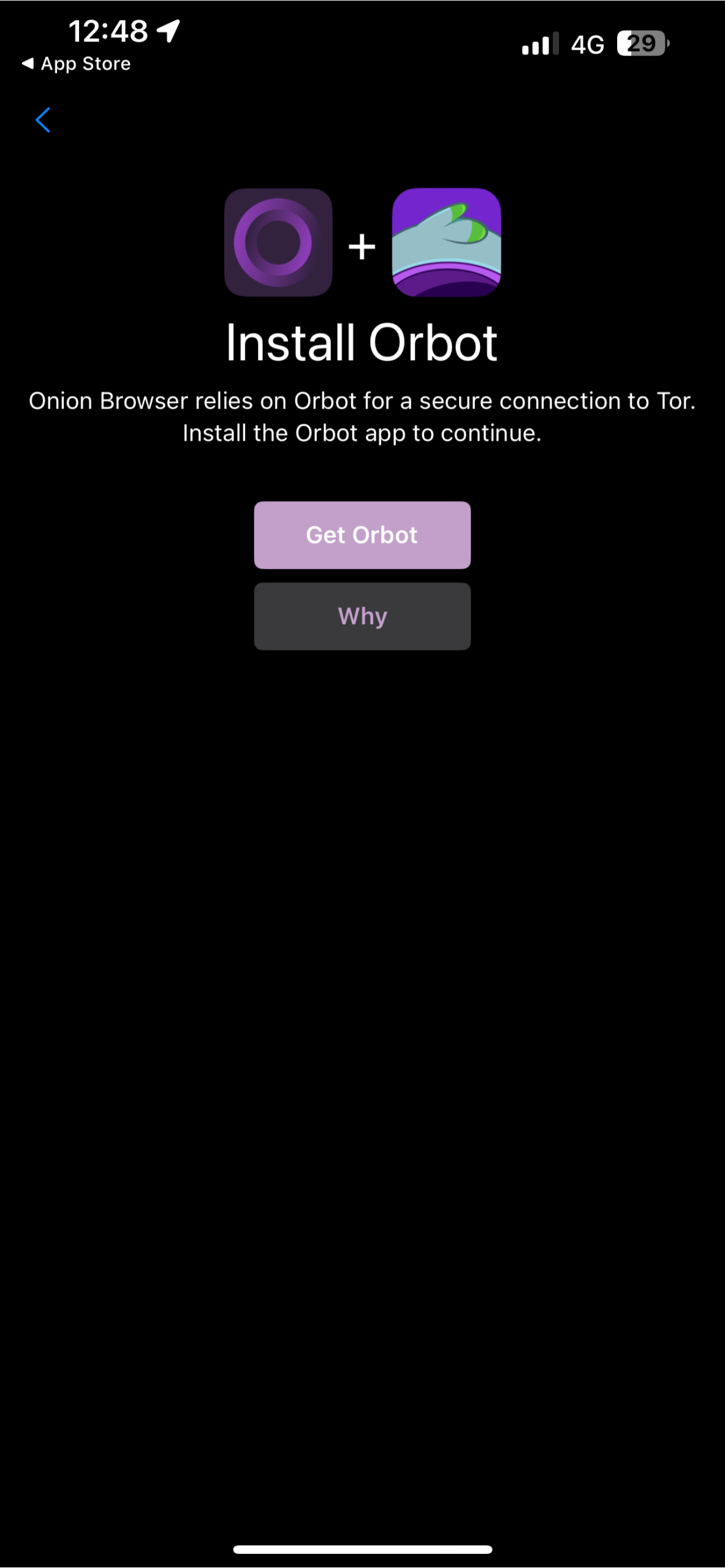 The Onion Browser app, inviting the user to download Orbot.