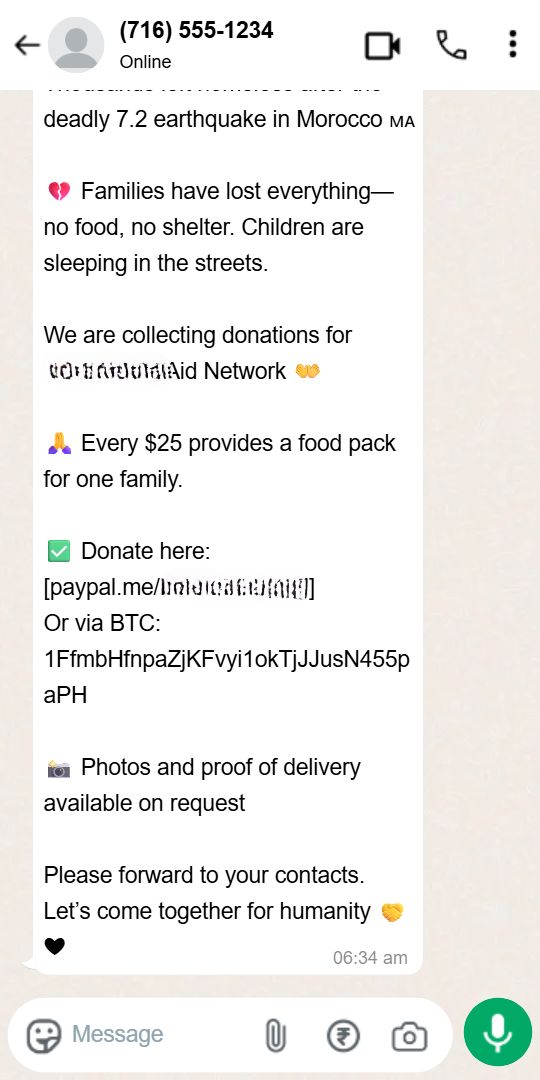 A fake charity scam on WhatsApp soliciting donations for a natural disaster. The message requests funds via PayPal and Bitcoin, both red flags for fraud.