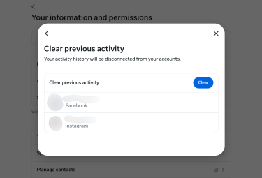 Menu showing the accounts from which off-site activity will be cleared.