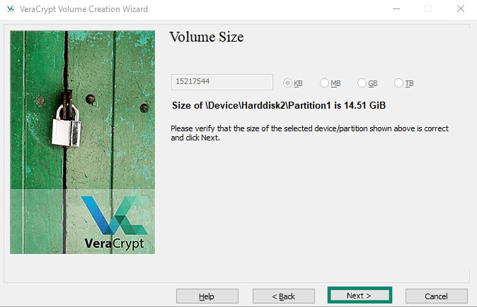 VeraCrypt Volume Creation Wizard Volume Size screen with the Next button highlighted.