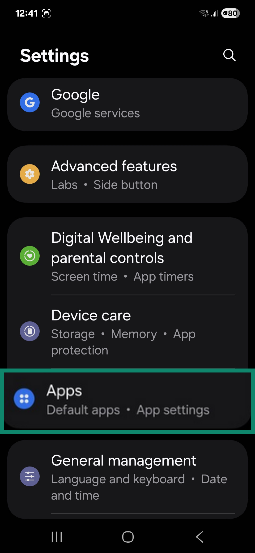 Android Settings menu highlighting Apps.