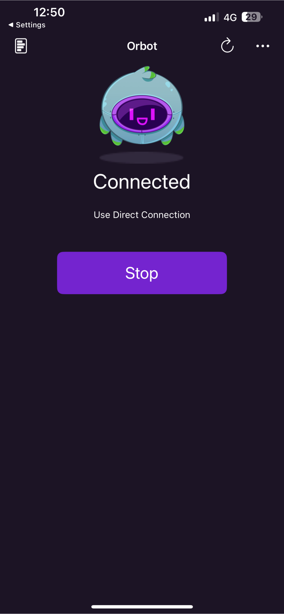 The Orbot app, showing that a connection has been established.